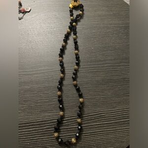 Black and Gold vintage Beaded glass or stone  Necklace - Elegant Evening Jewelry